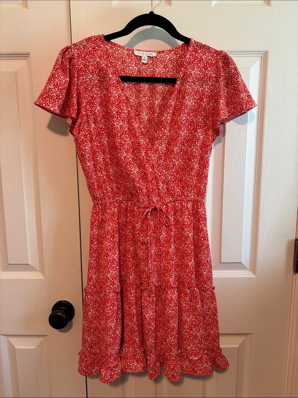 Red Orange  Floral Tie-Waist Dress